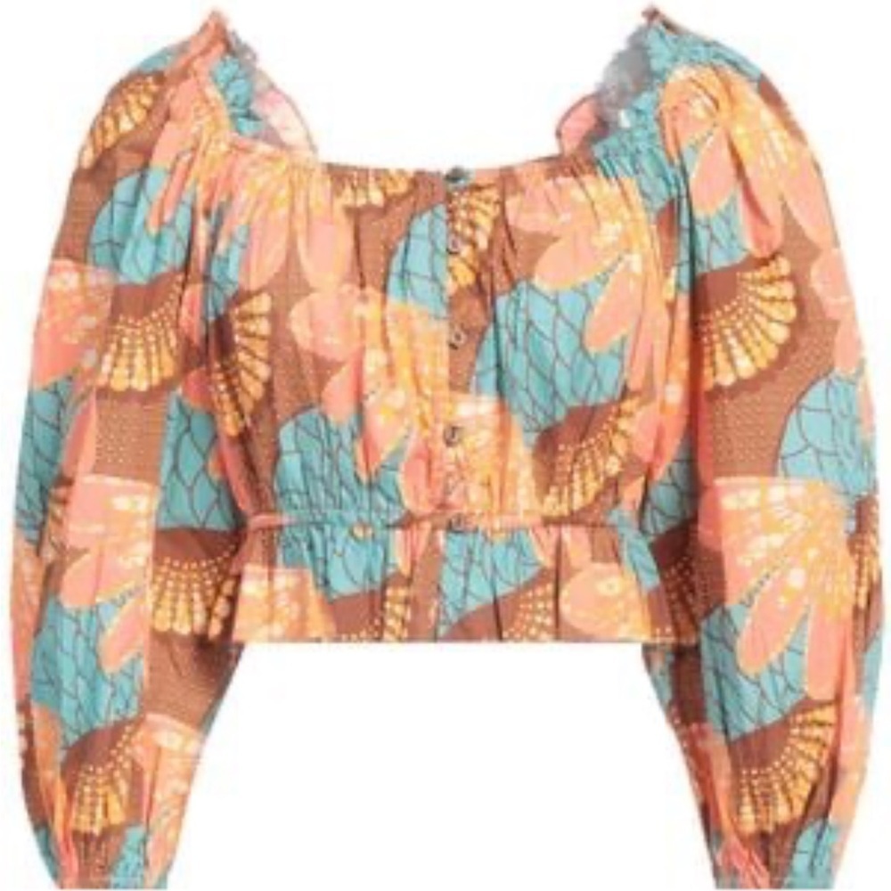 Cleobella Beckett Puff Sleeve Pink and Blue Crop Stretch Organic Cotton Blouse
